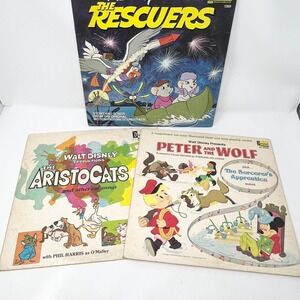 Lot of 3 Vintage Disney Vinyl Records Aristocats Rescuers Peter and the Wolf LP